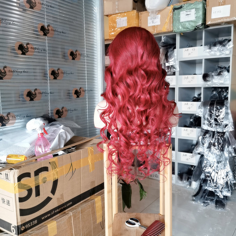 Wolf king burg color loose wave 13*4 transparent frontal lace wig 150% Density