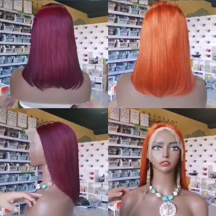 Wolf king 100% human hair 99j/ginger straight transparent 12in bob 13*4 front lace wig 1 pcs