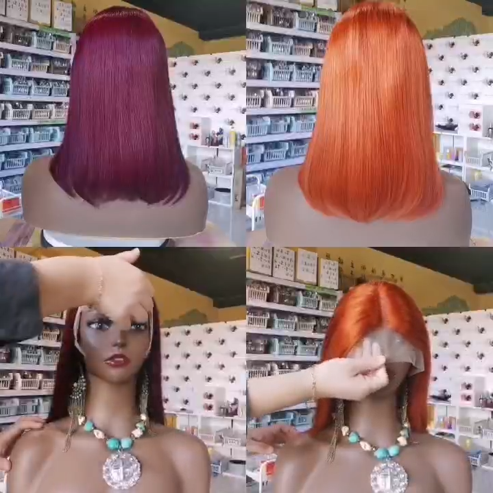 Wolf king 100% human hair 99j/ginger straight transparent 12in bob 13*4 front lace wig 1 pcs