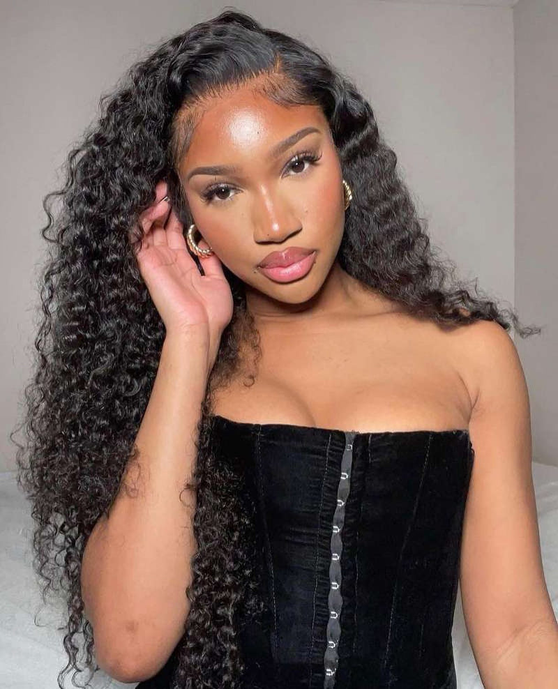 Wolf king 100% human hair natural color curly transparent 13*4 front lace wig