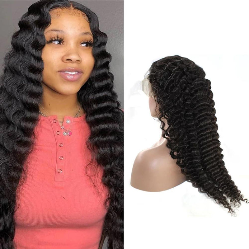 Wolf king deep wave 13*4 HD transparent front lace wig 100% human hair naural color