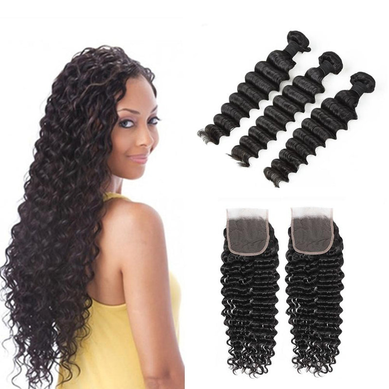 Wolf king deep wave 3 bundles with 4*4 HD transparent closure natural color 100% human hair