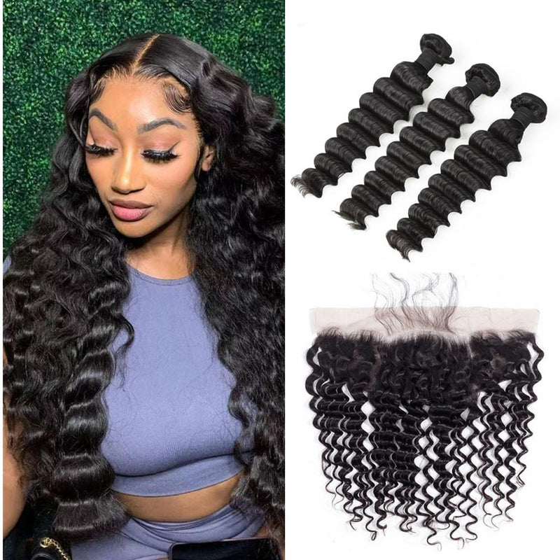 Wolf king deep wave 3 bundles with 13*4 HD transparent frontal natural color 100% human hair