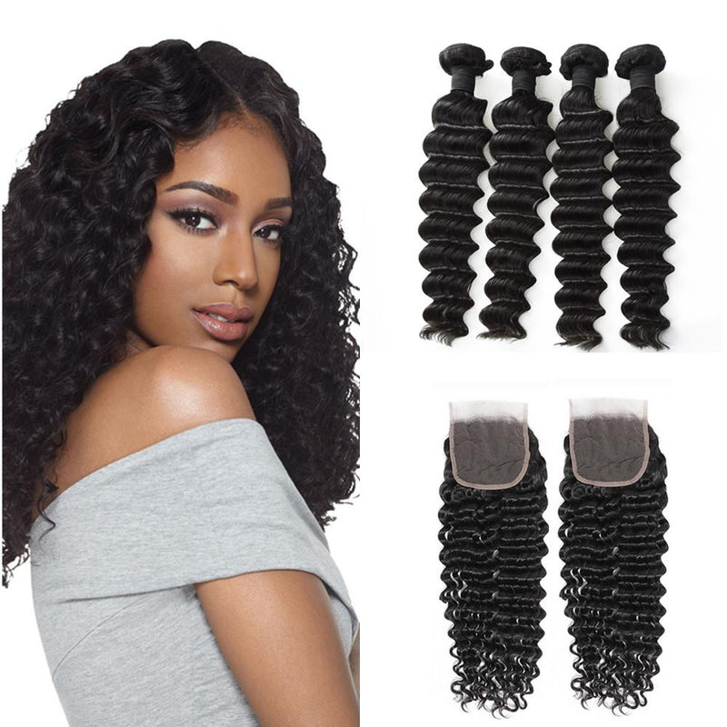 Wolf king deep wave 4 bundles with 4*4 HD transparent closure natural color 100% human hair