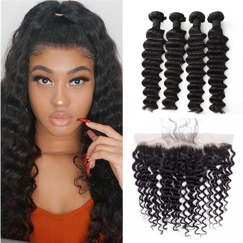 Wolf king deep wave 4 bundles with 13*4 HD transparent frontal natural color virgin human hair weft