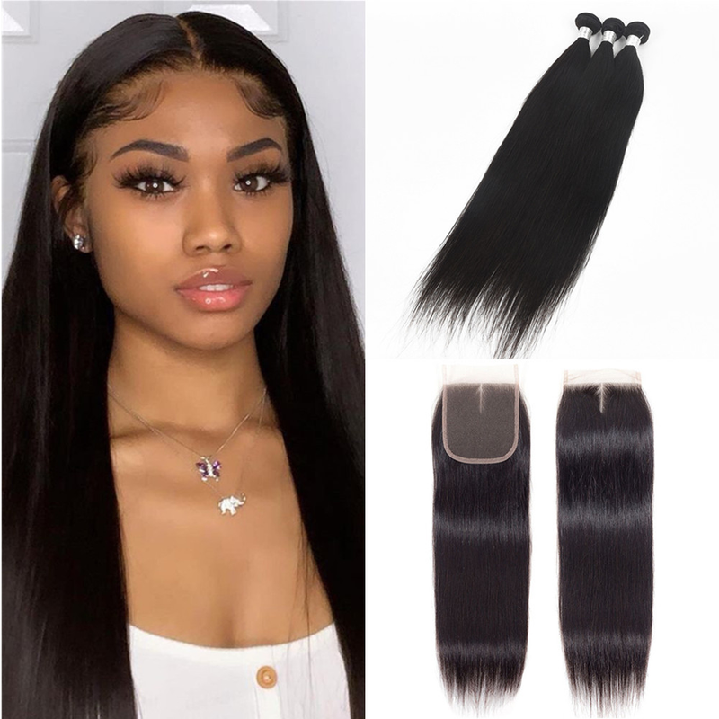 Wolf king straight 3 bundles with 4*4 HD transparent closure natural color virgin human hair weft