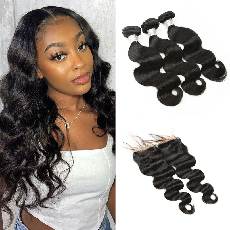 Wolf king body wave 3 bundles with 4*4 HD transparent closure natural color virgin human hair weft