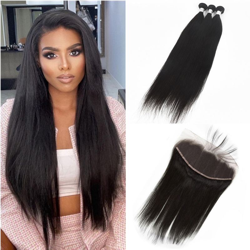 Wolf king straight 3 bundles with 13*4 HD transparent frontal natural color 100% human hair weft