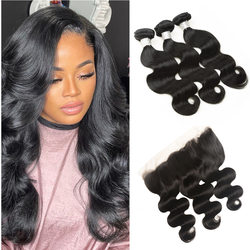 Wolf king body wave 3 bundles with 13*4 HD transparent frontal natural color virgin human hair weft