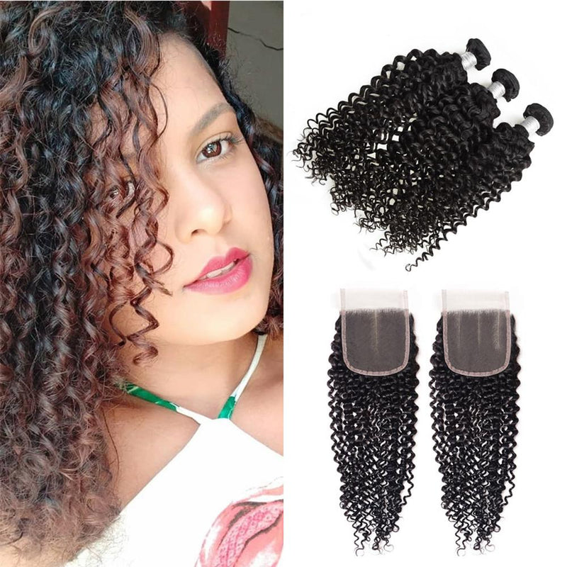 Wolf king curly 3 bundles with 4*4 HD transparent closure natural color 100% human hair