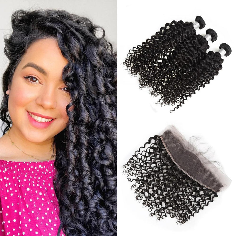 Wolf king curly 3 bundles with 13*4 HD transparent frontal natural color 100% human hair