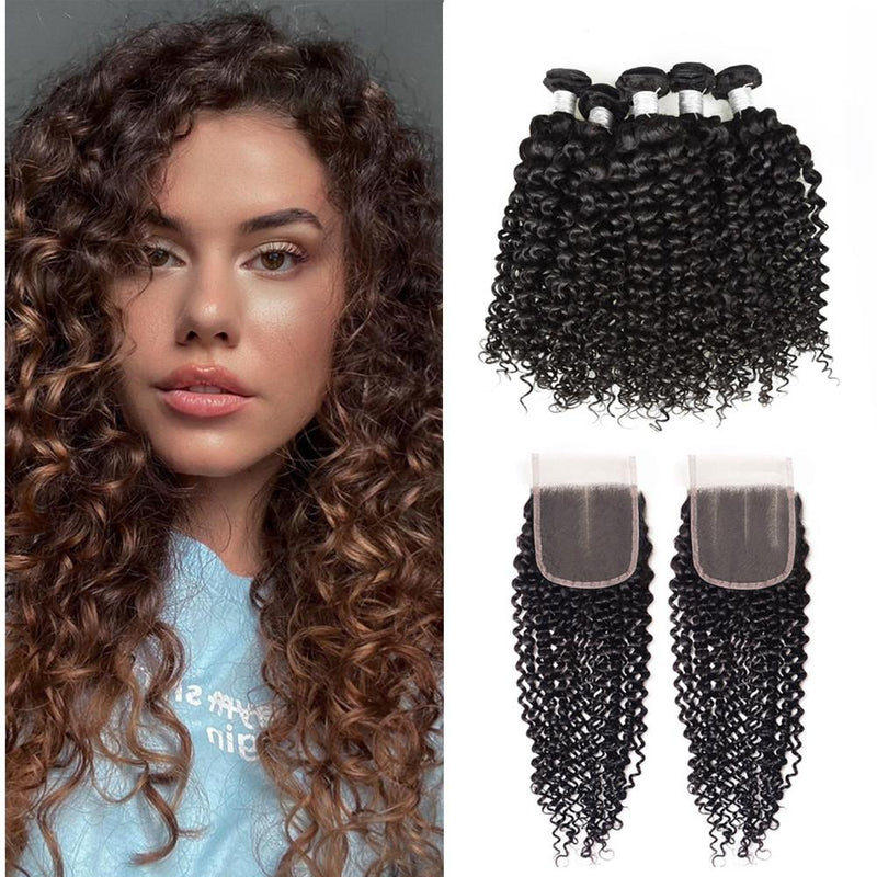 Wolf king curly 4 bundles with 4*4 HD transparent closure natural color 100% human hair