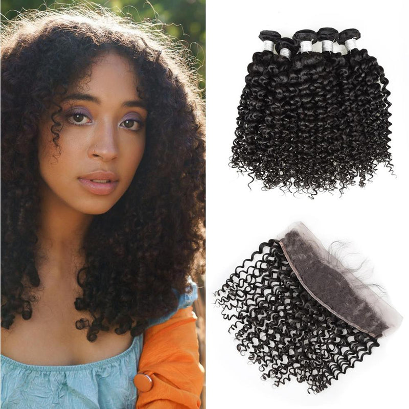 Wolf king curly 4 bundles with 13*4 HD transparent frontal natural color virgin human hair weft