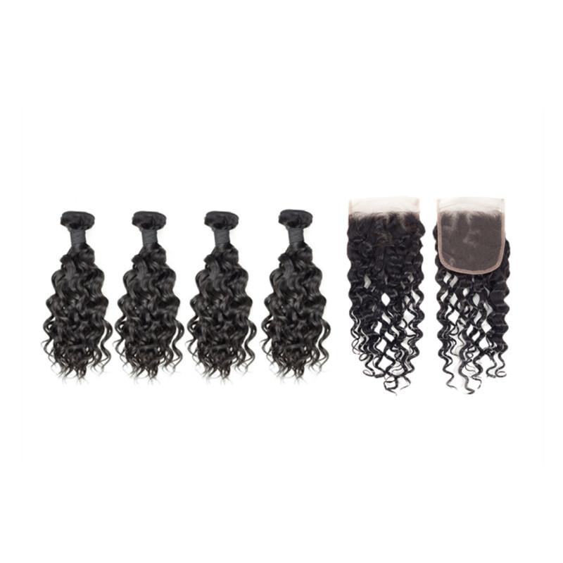 Wolf king water wave 4 bundles with 4*4 HD transparent closure natural color virgin human hair weft