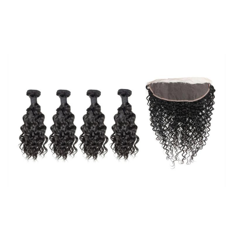 Wolf king water wave 4 bundles with 13*4 HD transparent frontal natural color virgin human hair weft