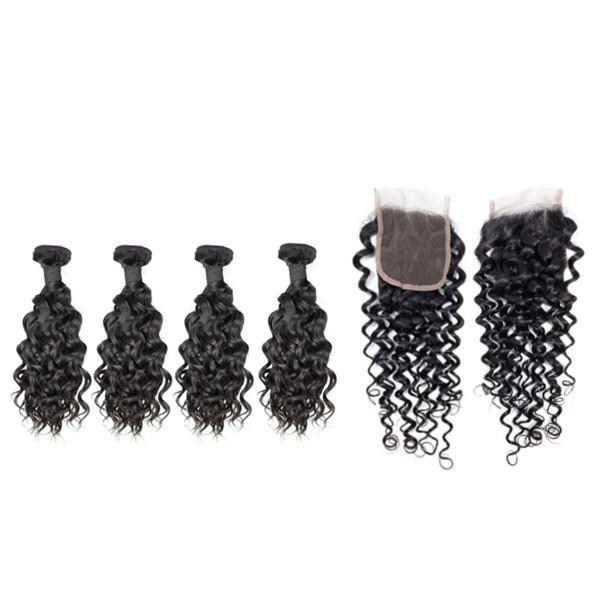 Wolf king water wave 4 bundles with 4*4 HD transparent closure natural color 100% human hair