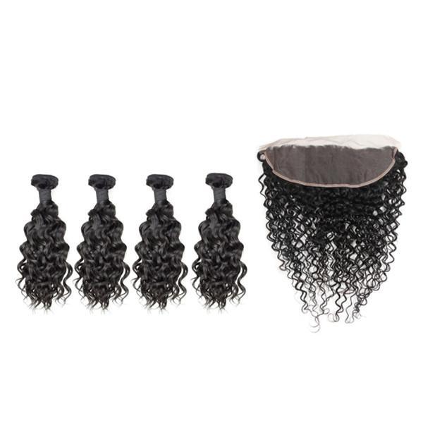 Wolf king water wave 4 bundles with 13*4 HD transparent frontal natural color virgin human hair weft