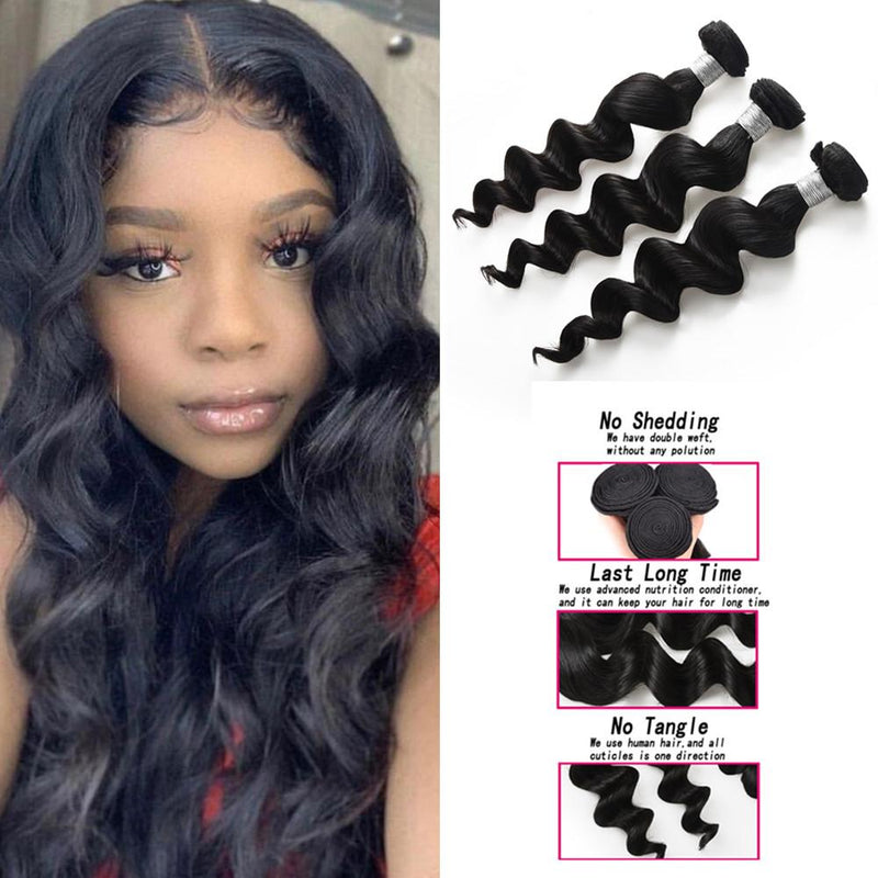 Wolf king loose wave 3 bundles natural color virgin human hair weft