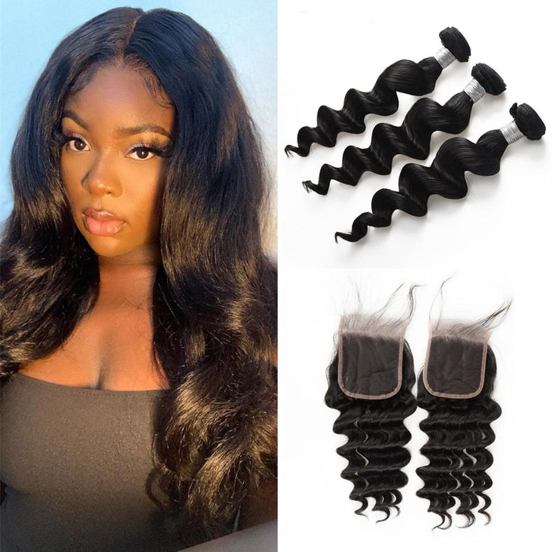 Wolf king loose wave 3 bundles with 4*4 HD transparent closure natural color 100% human hair