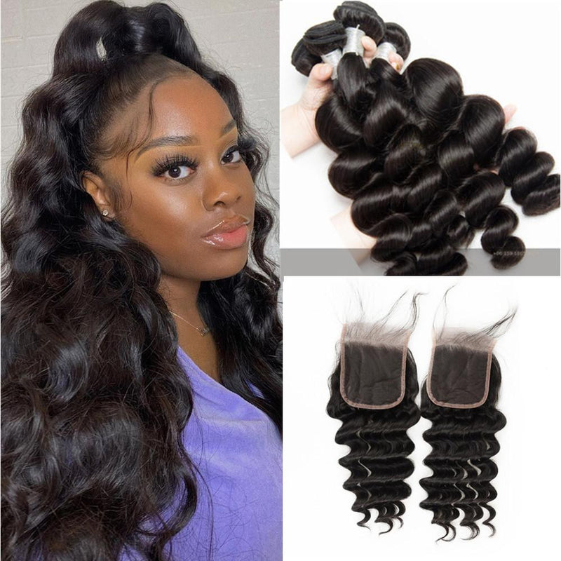 Wolf king loose wave 4 bundles with 4*4 HD transparent closure natural color 100% human hair