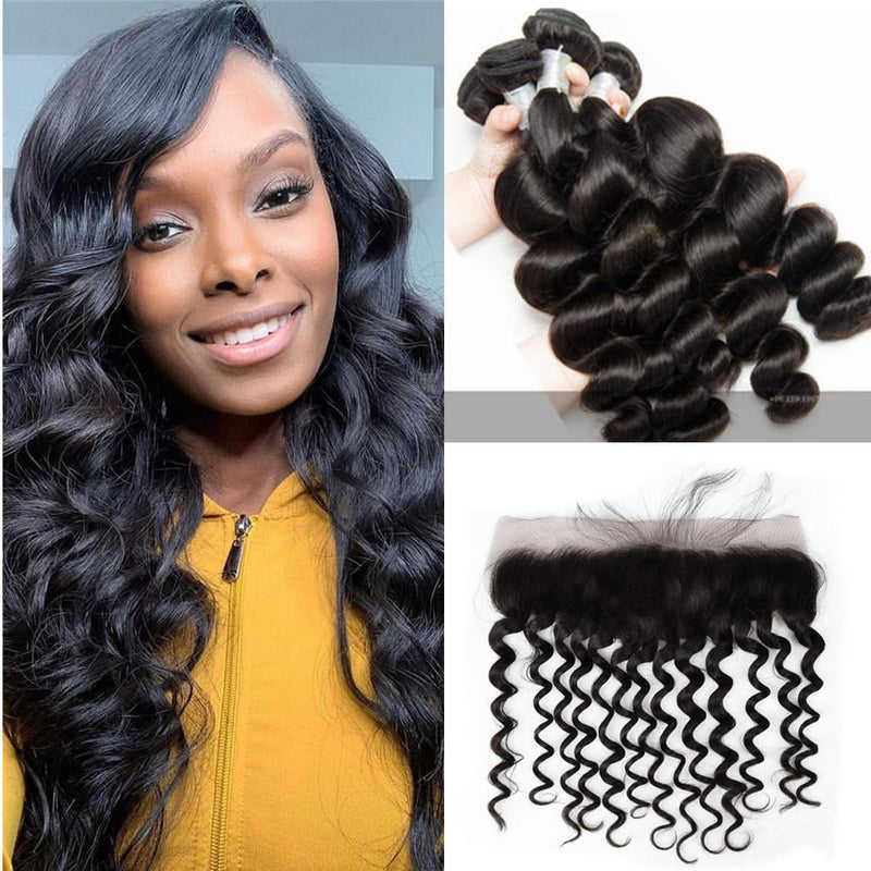 Wolf king loose wave 4 bundles with 13*4 HD transparent frontal natural color virgin human hair weft