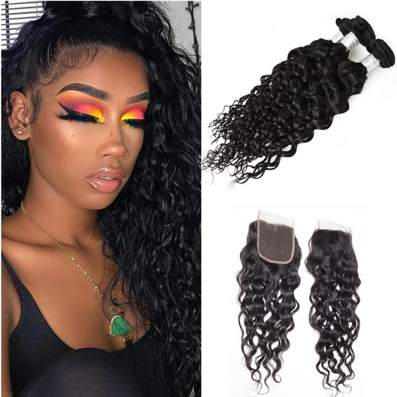 Wolf king natural wave 3 bundles with 4*4 HD transparent closure natural color virgin human hair weft