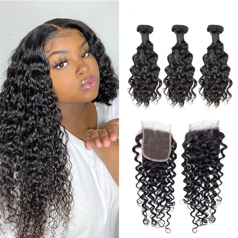 Wolf king water wave 3 bundles with 4*4 HD transparent closure natural color 100% human hair