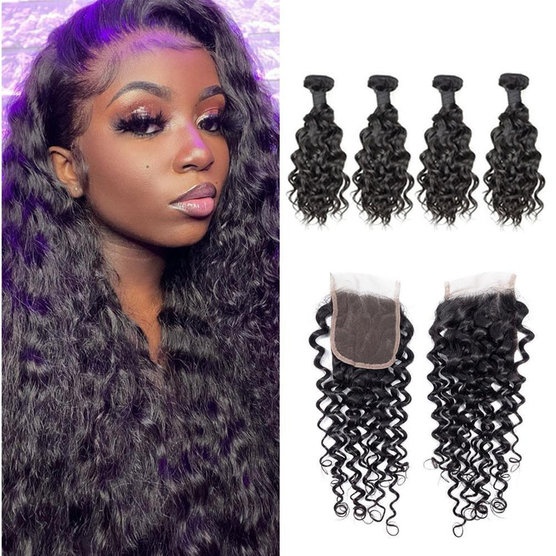 Wolf king water wave 4 bundles with 4*4 HD transparent closure natural color 100% human hair