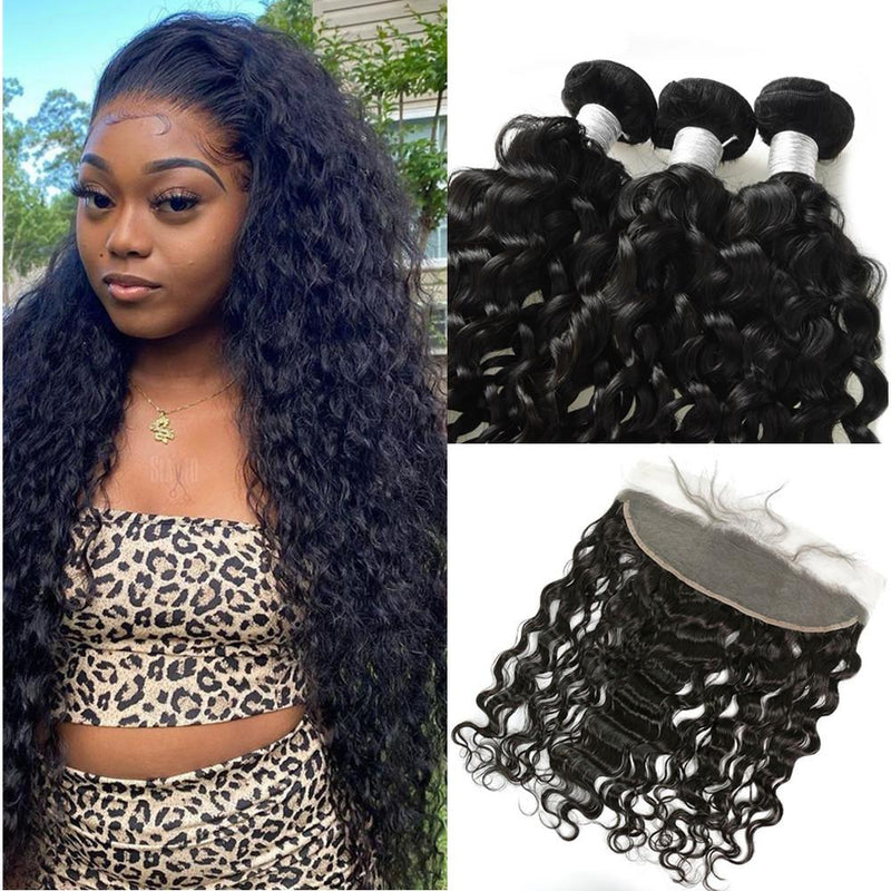 Wolf king natural wave 4 bundles with 13*4 HD transparent frontal natural color virgin human hair weft