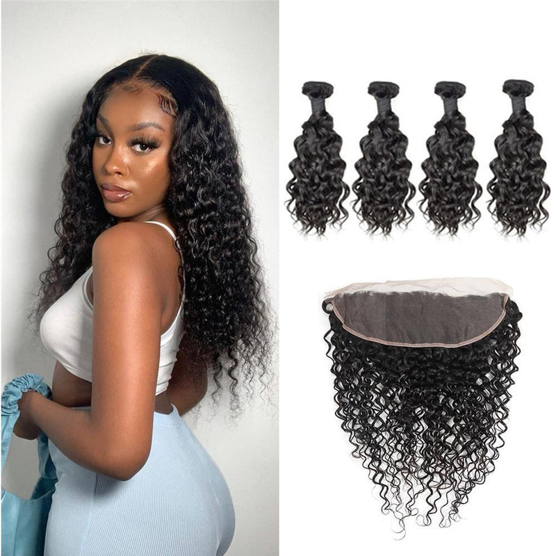 Wolf king water wave 4 bundles with 13*4 HD transparent frontal natural color virgin human hair weft