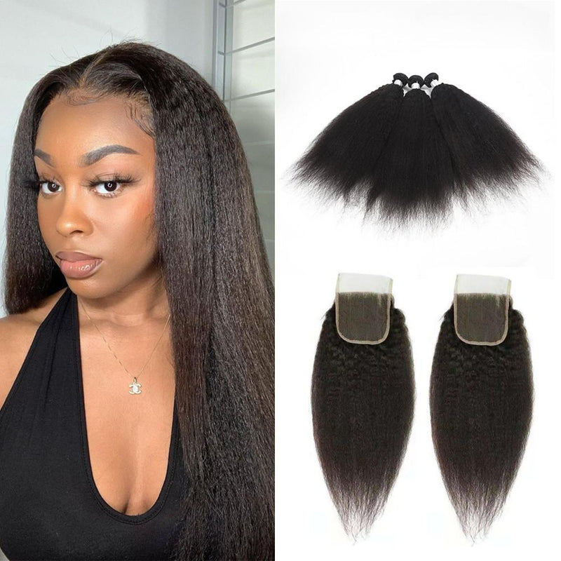 Wolf king kinky straight wave 3 bundles with 4*4 HD transparent closure natural color 100% human hair