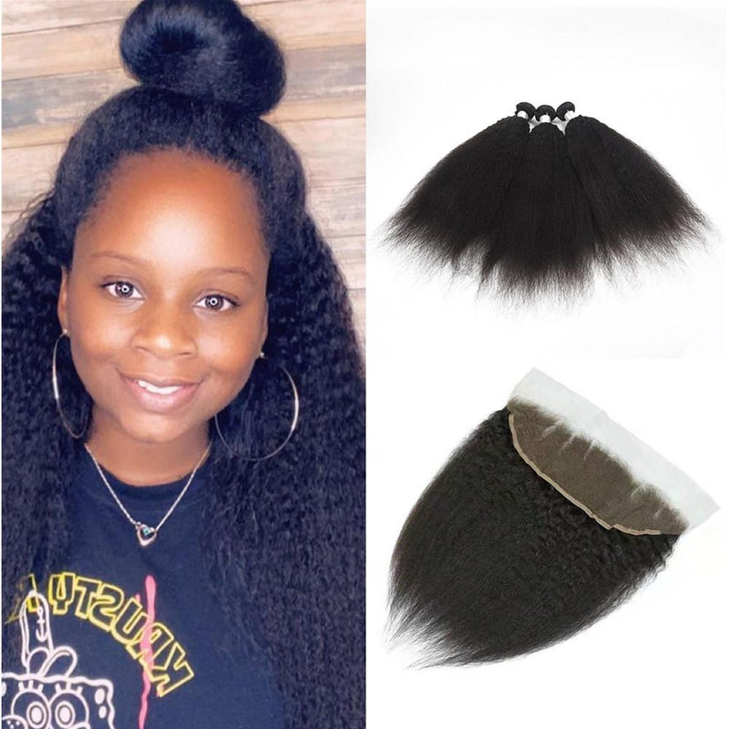 Wolf king kinky straight wave 3 bundles with 13*4 HD transparent frontal natural color 100% human hair