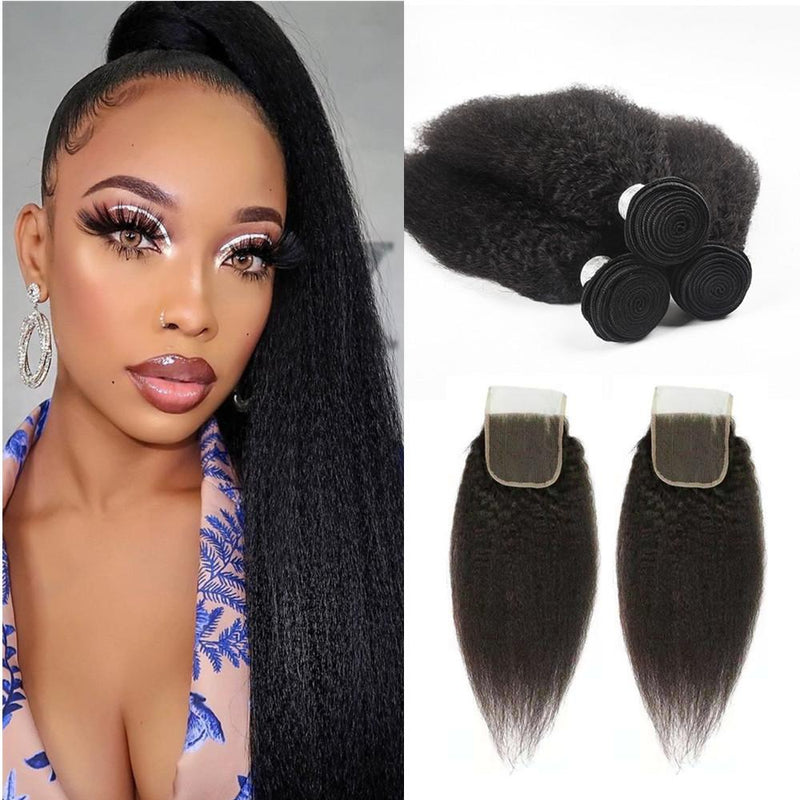 Wolf king kinky straight wave 4 bundles with 4*4 HD transparent closure natural color 100% human hair