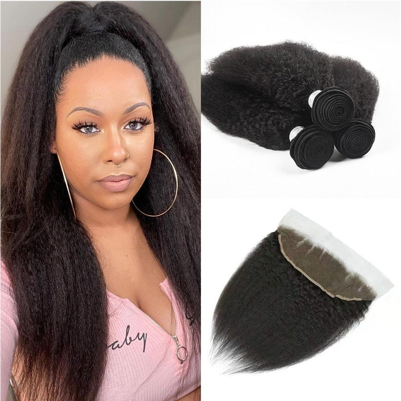 Wolf king kinky straight wave 4 bundles with 13*4 HD transparent frontal natural color virgin human hair weft