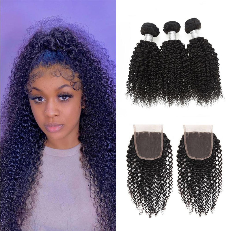 Wolf king kinky curly wave 3 bundles with 4*4 HD transparent closure natural color 100% human hair