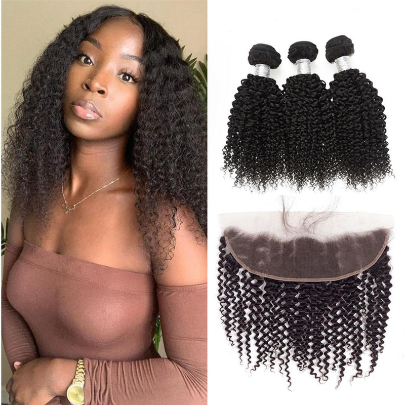 Wolf king kinky curly wave 3 bundles with 13*4 HD transparent frontal natural color 100% human hair