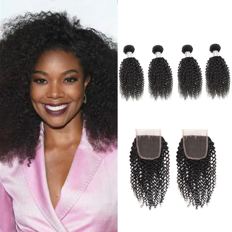 Wolf king kinky curly wave 4 bundles with 4*4 HD transparent closure natural color 100% human hair