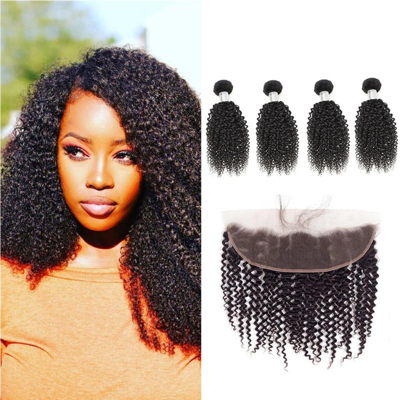 Wolf king kinky curly wave 4 bundles with 13*4 HD transparent frontal natural color virgin human hair weft