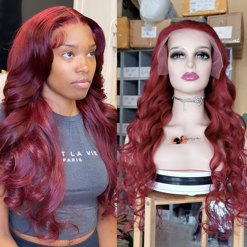 Wolf king burg color loose wave 13*4 transparent frontal lace wig 150% Density