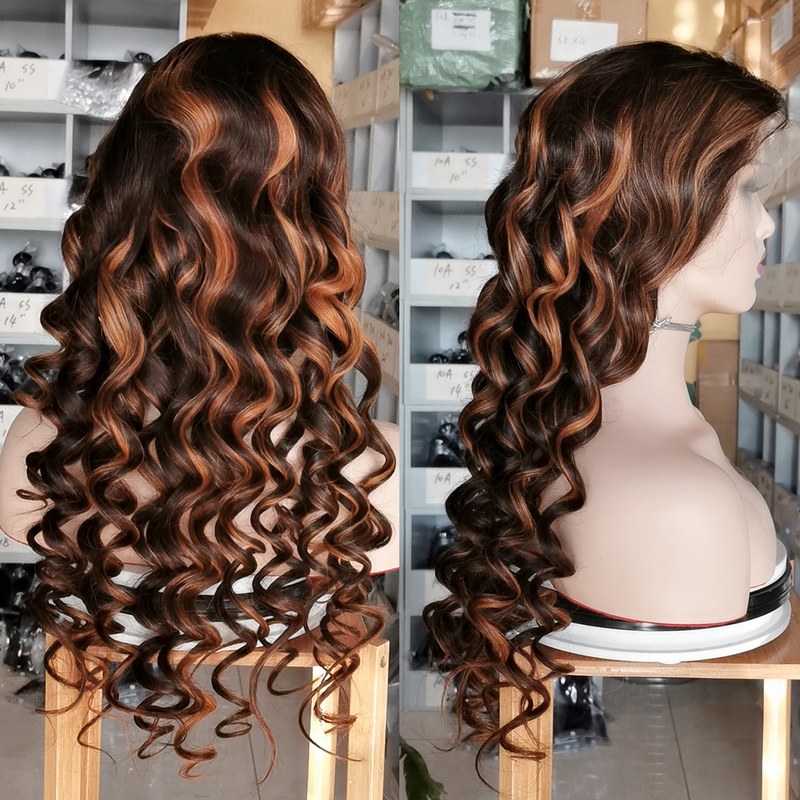 Wolf king highlight color loose wave 13*4 transparent frontal lace wig 150% Density